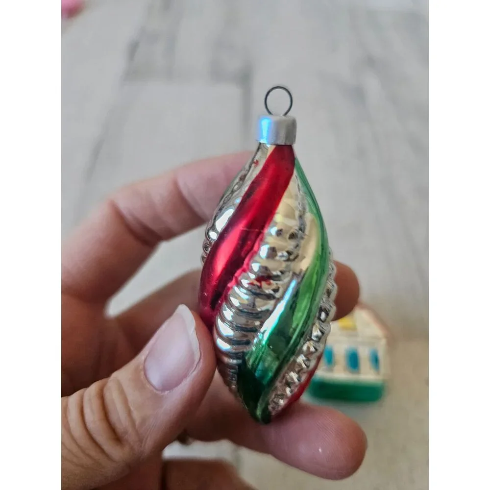Vintage‎ Mercury glass house spiral red green mini ornament set Xmas tree